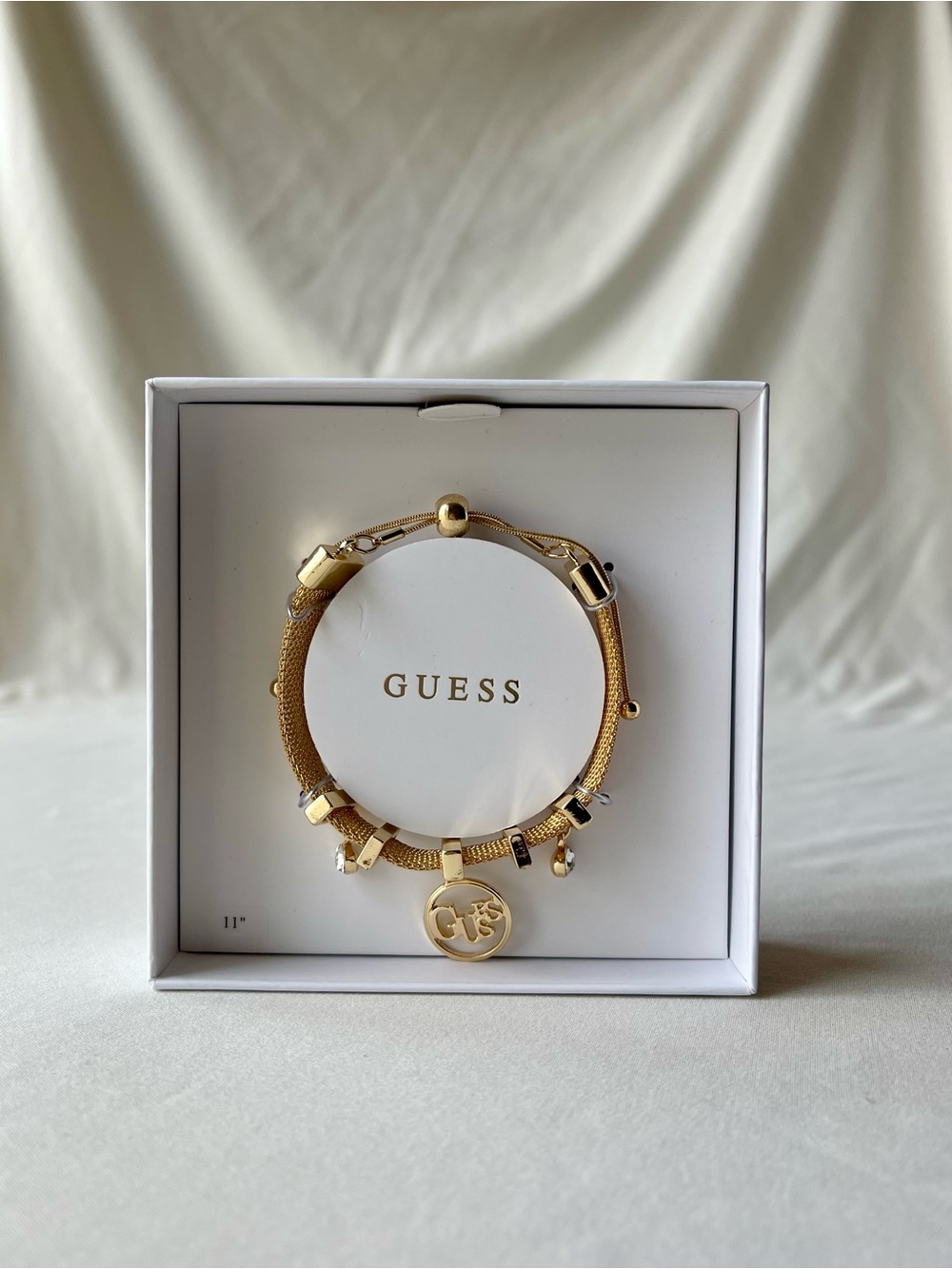 Guess Gold-Tone Mesh Charm Bracelet with Slide Bead NWT